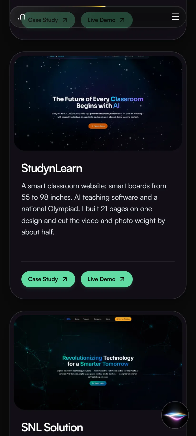 The portfolio home page on an Android phone